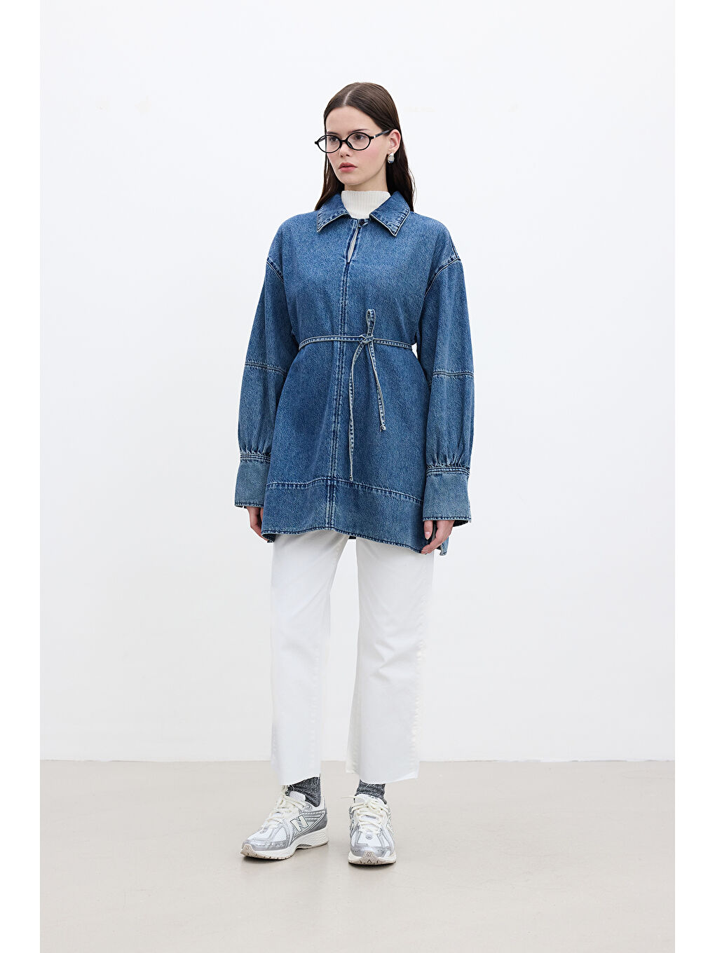 Geniş Manşetli Denim Gömlek Mavi-2