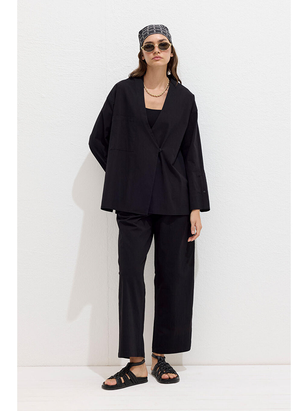 Pamuklu Premium Pileli Pantolon Siyah-1