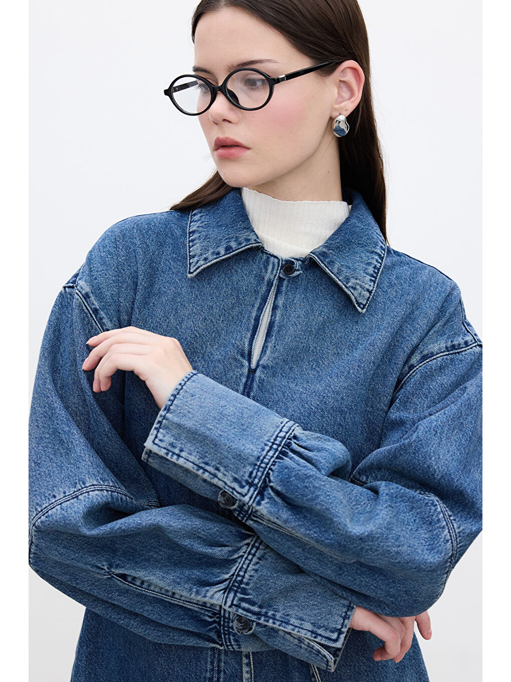 Geniş Manşetli Denim Gömlek Mavi-3