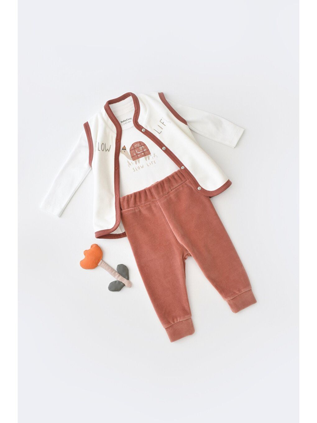 BabyCosy Organic  Turuncu Kadife 3 Lü Set (Uzun Kollu Badi,Pantolon,Yelek)