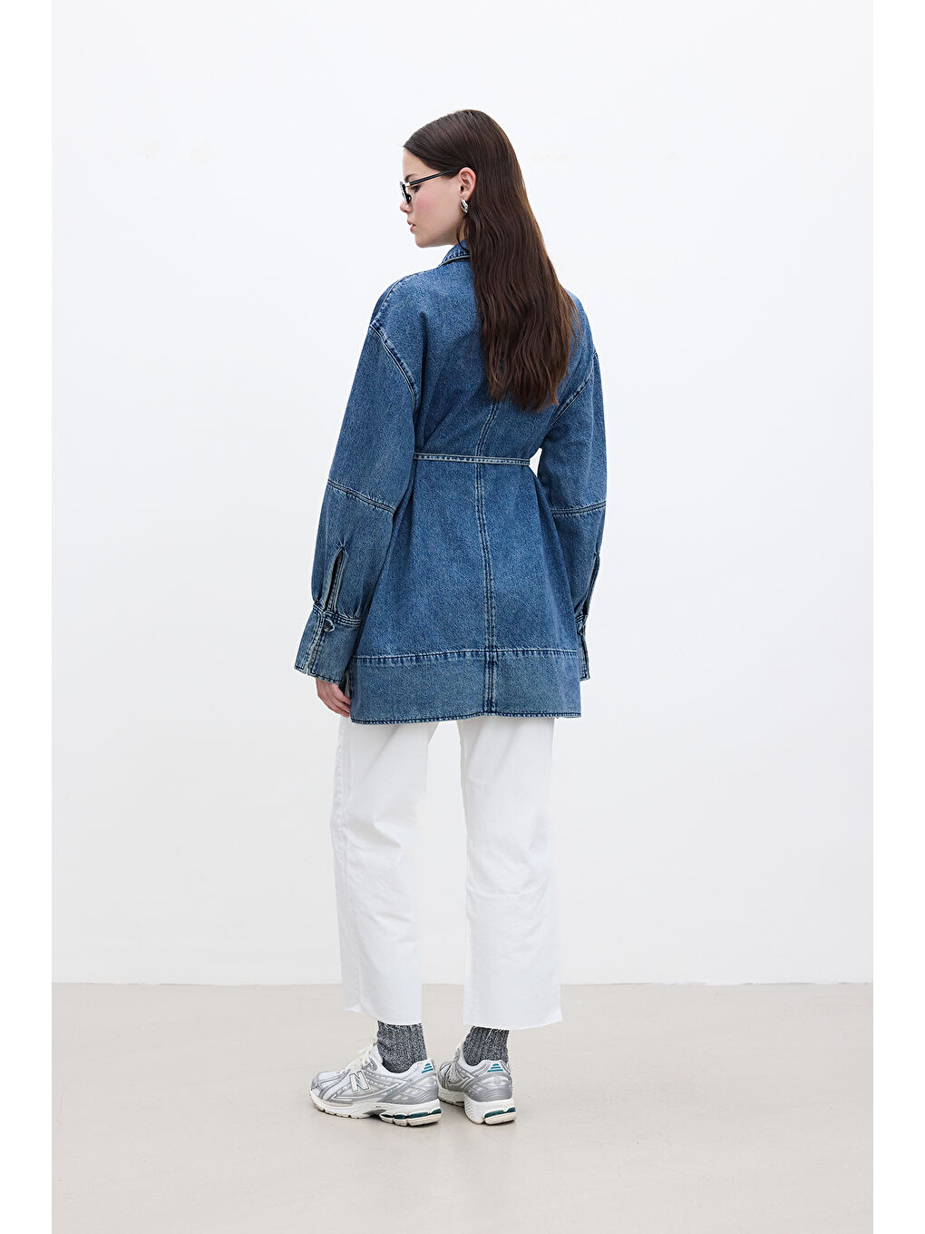 Geniş Manşetli Denim Gömlek Mavi-5