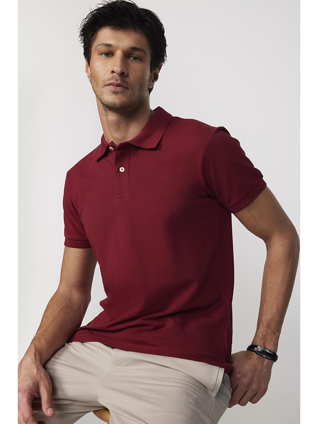 TUDORS Bordo Erkek Slim Fit Dar Kesim %100 Pamuk Düz Pike Bordo Polo Yaka Tişört