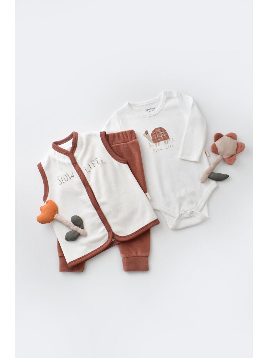BabyCosy Organic  Turuncu Kadife 3 Lü Set (Uzun Kollu Badi,Pantolon,Yelek) - 2