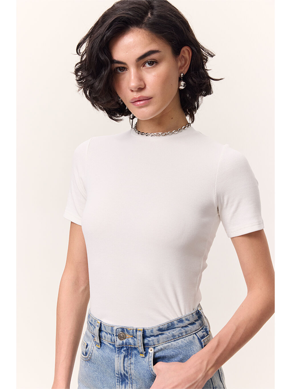 Kısa Kollu Rıbana Body Ekru-2