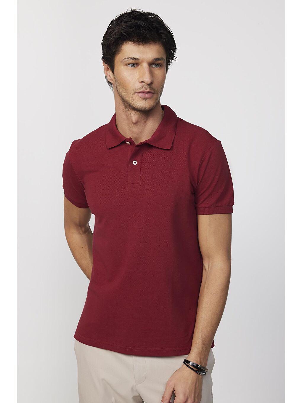 TUDORS Bordo Erkek Slim Fit Dar Kesim %100 Pamuk Düz Pike Bordo Polo Yaka Tişört - 2