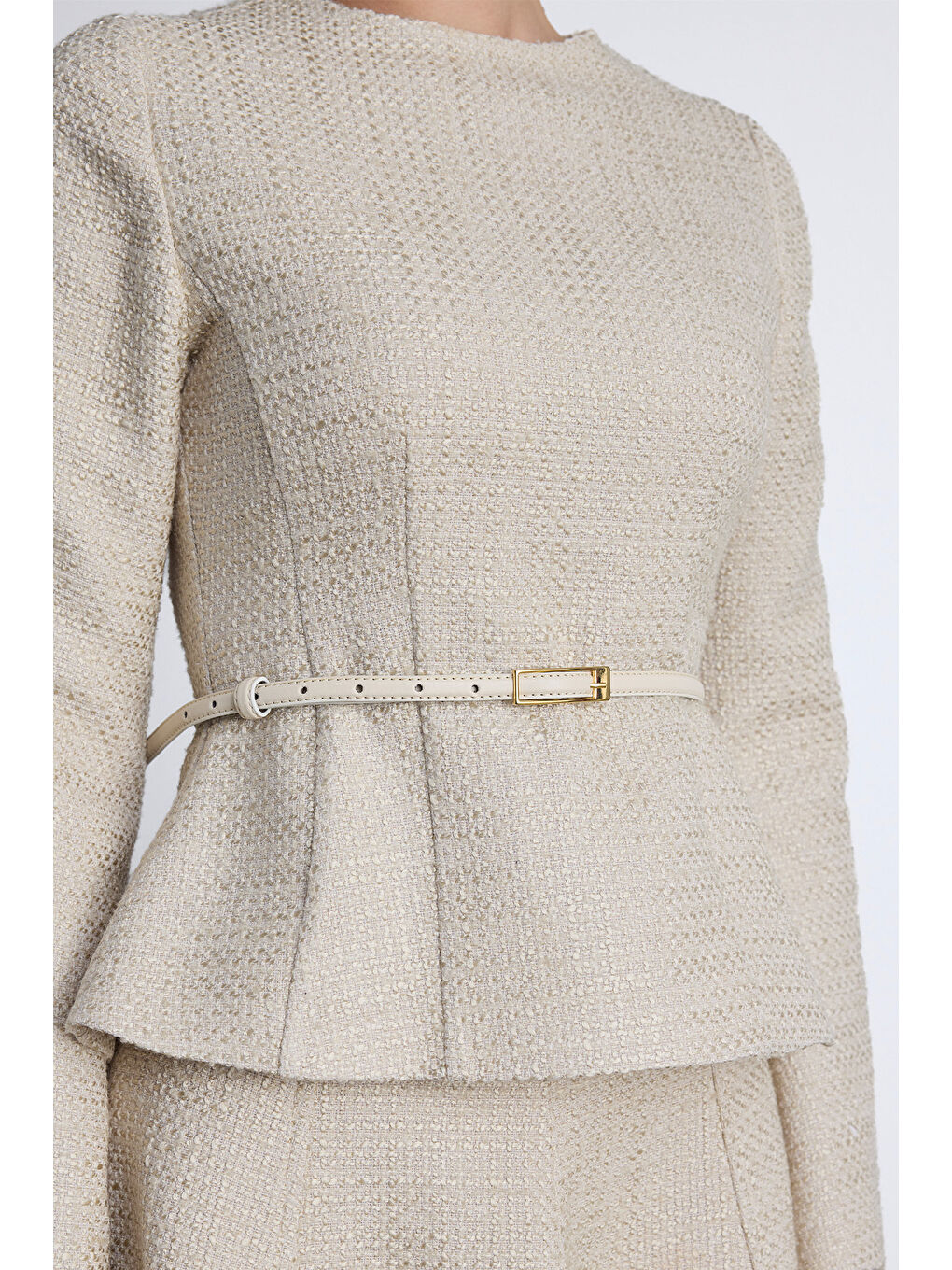 Peplum Detaylı Tüvit Bluz Bej-1