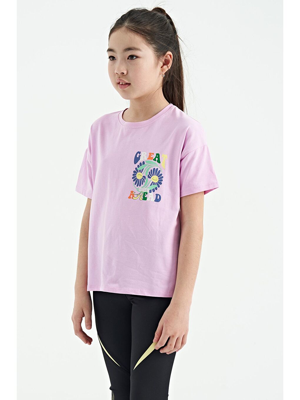 TOMMYLIFE Pembe Ön Arka Çok Renkli Baskılı Oversize Kısa Kollu Kız Çocuk T-Shirt - 75117 - 1