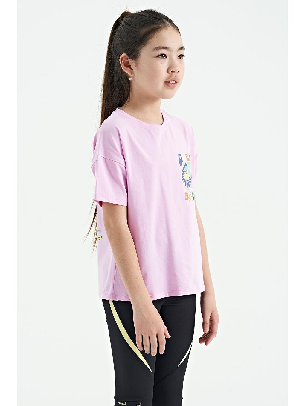 TOMMYLIFE Pembe Ön Arka Çok Renkli Baskılı Oversize Kısa Kollu Kız Çocuk T-Shirt - 75117 - 3