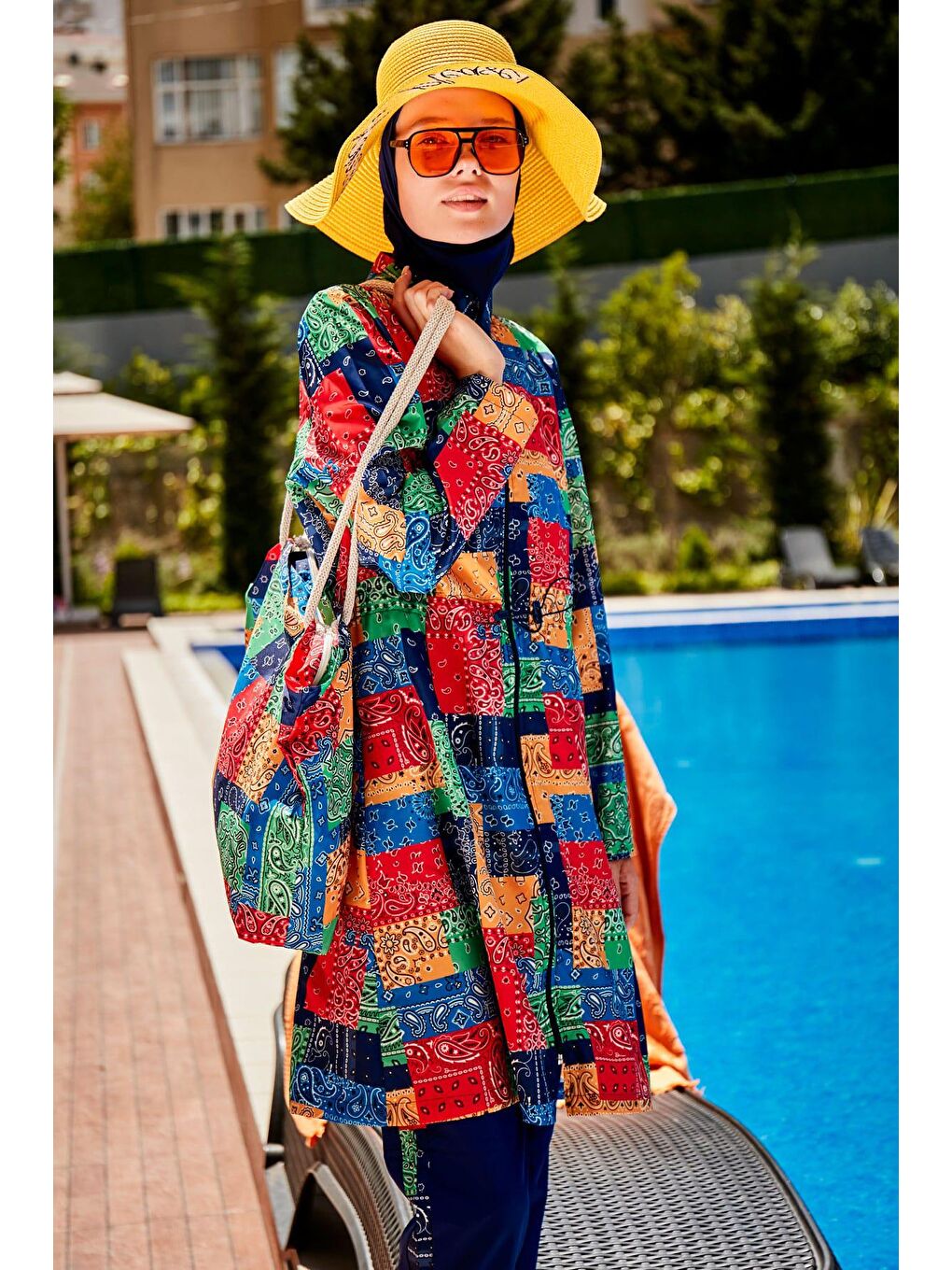 Lacivert Desenli Tam Kapalı Tesettür Mayo R2319-2