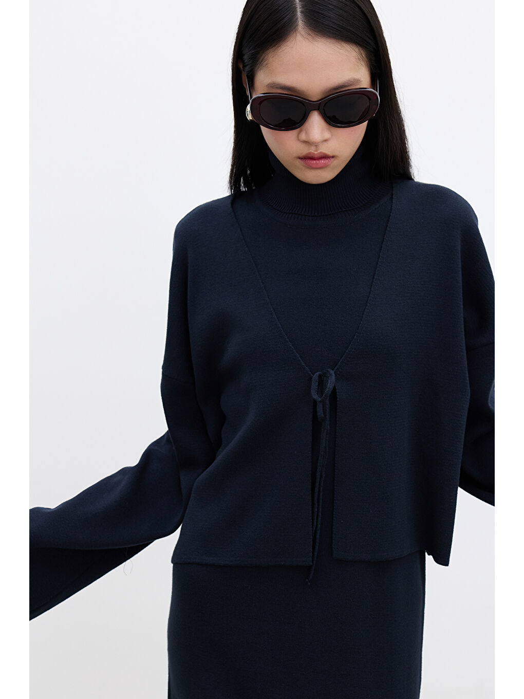 Bağcıklı Triko Hırka Lacivert-5