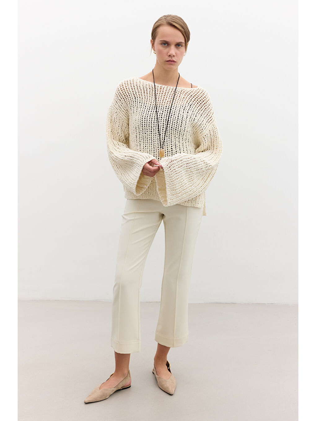 Bej File Örgülü Triko Kazak Vanilya-1