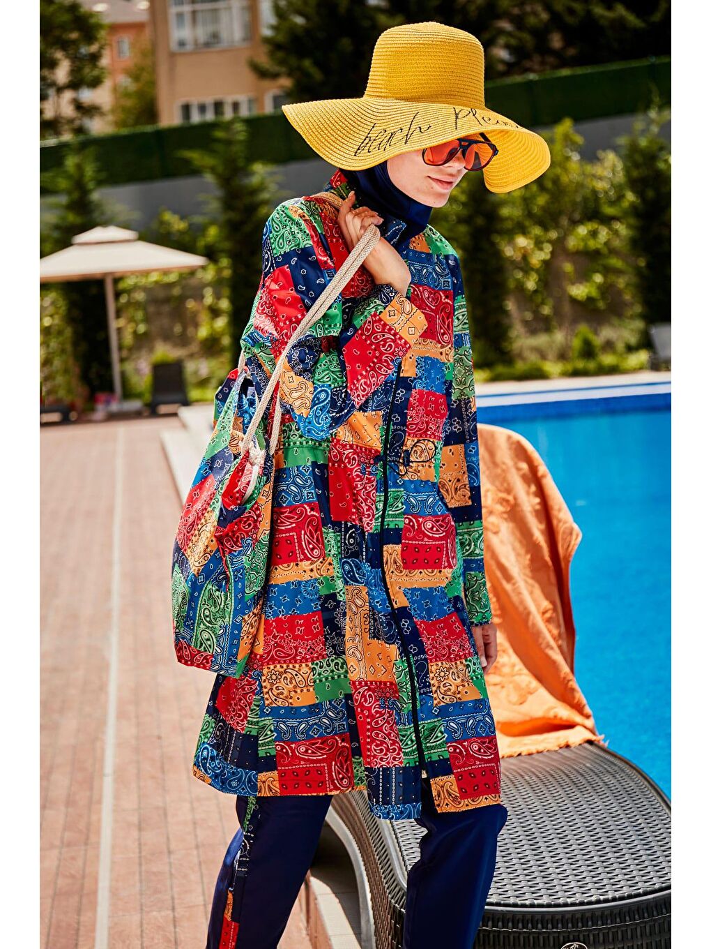 Lacivert Desenli Tam Kapalı Tesettür Mayo R2319-4