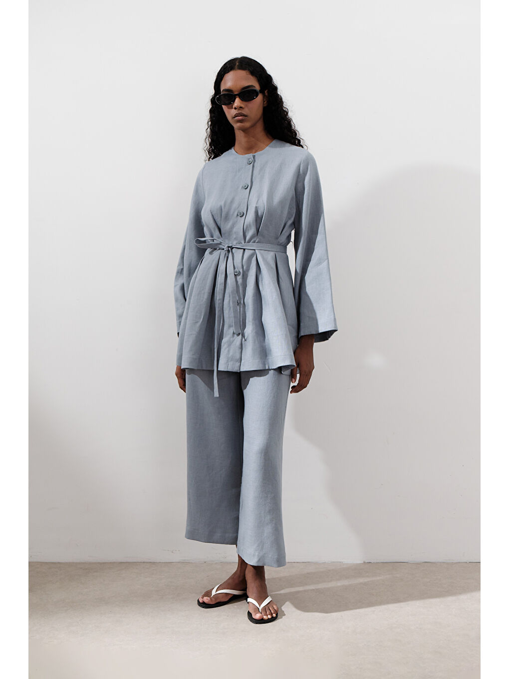 Keten Pensli Tunik Mavi