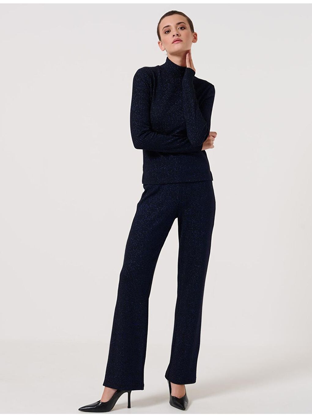 Metalik Mavi Düz Kesim Yüksek Bel Normal Paça Örme Pantolon