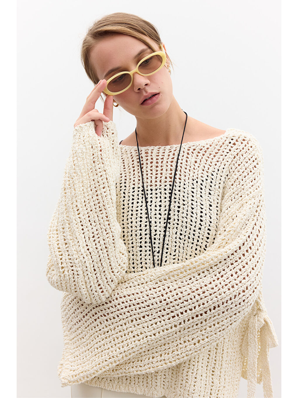 Bej File Örgülü Triko Kazak Vanilya-2