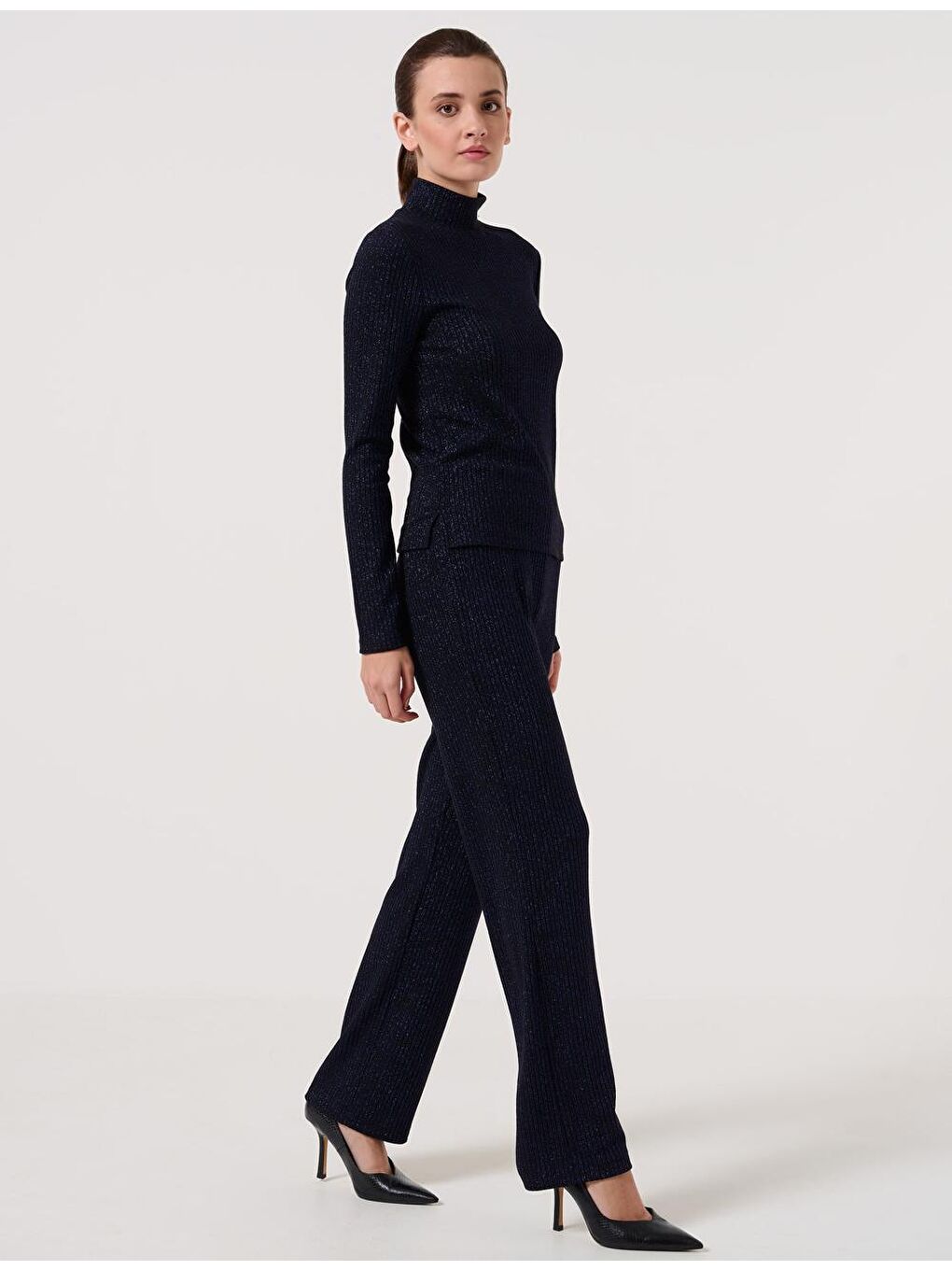 Metalik Mavi Düz Kesim Yüksek Bel Normal Paça Örme Pantolon-1