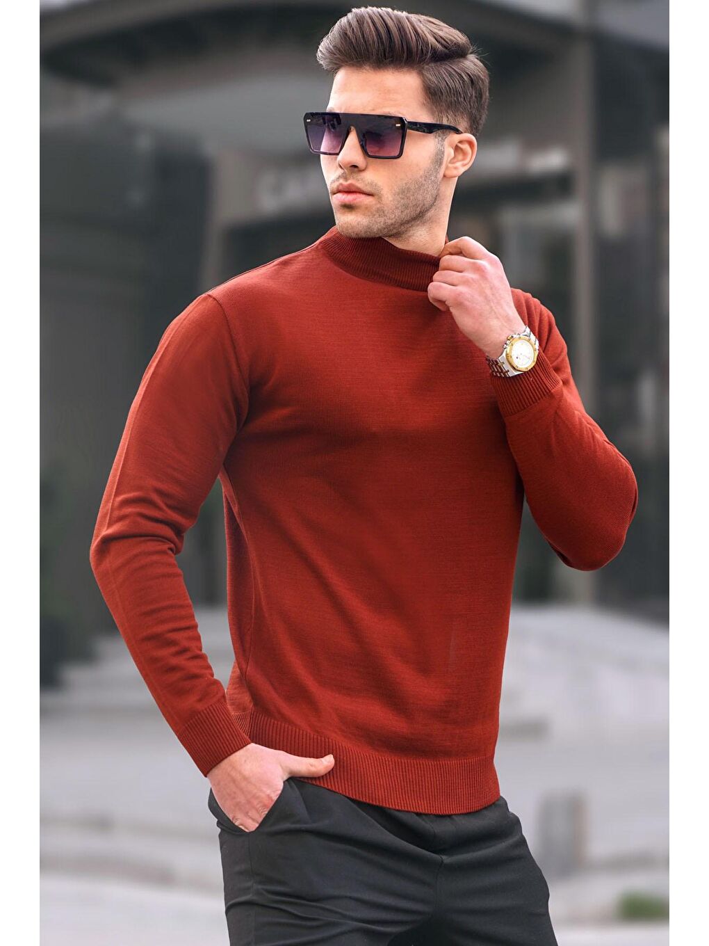 Madmext Kiremit Slim Fit Yarım Balıkçı Yaka Erkek Triko Kazak 6343