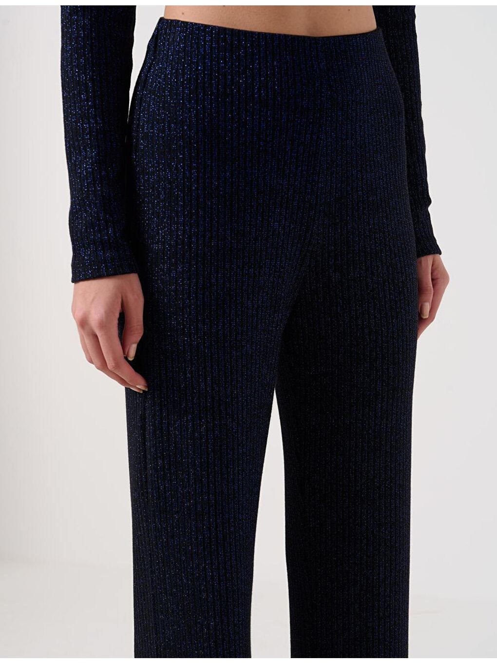 Metalik Mavi Düz Kesim Yüksek Bel Normal Paça Örme Pantolon-2