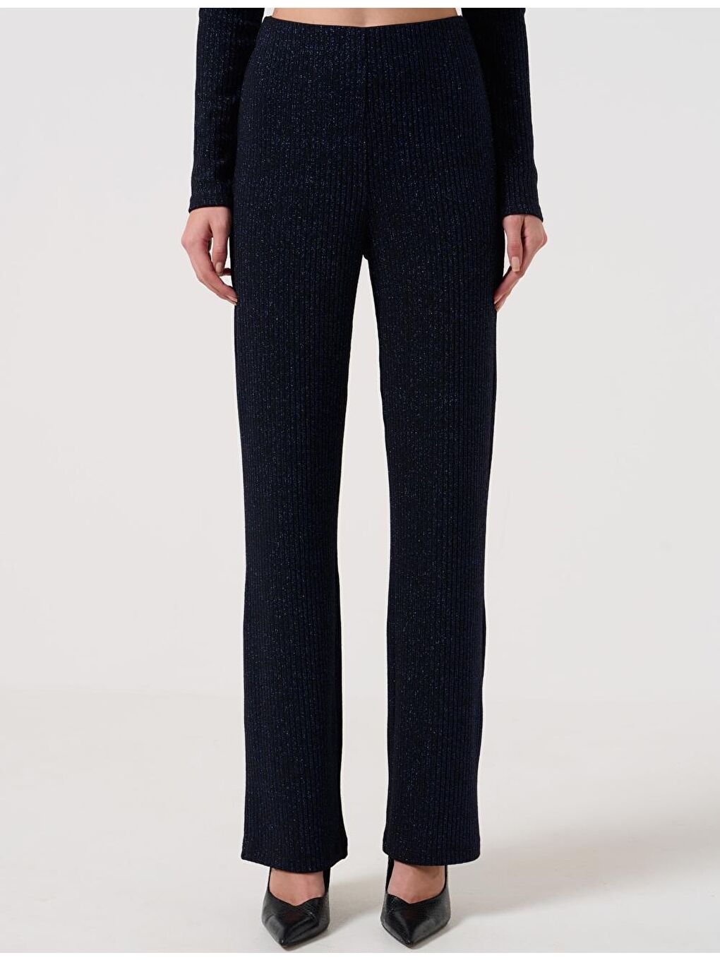 Metalik Mavi Düz Kesim Yüksek Bel Normal Paça Örme Pantolon-3