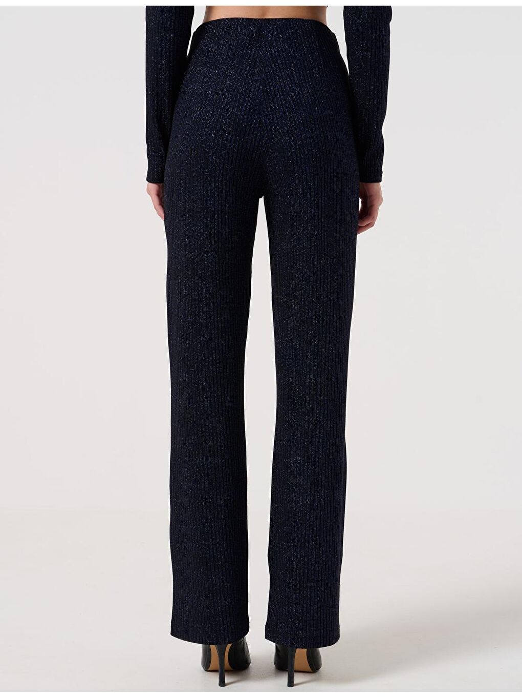 Metalik Mavi Düz Kesim Yüksek Bel Normal Paça Örme Pantolon-4