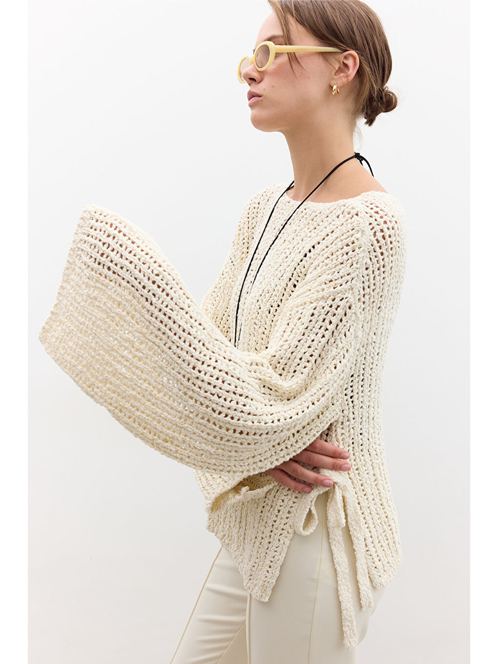 Bej File Örgülü Triko Kazak Vanilya-4