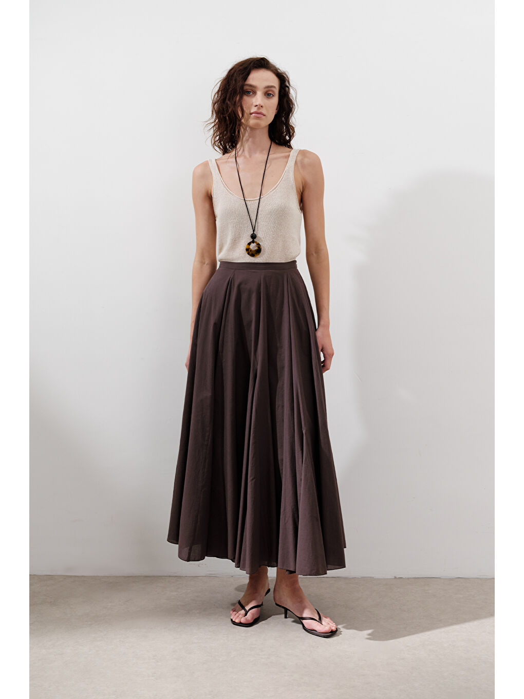 Parçalı Geniş Pamuklu Etek Kahverengi-2