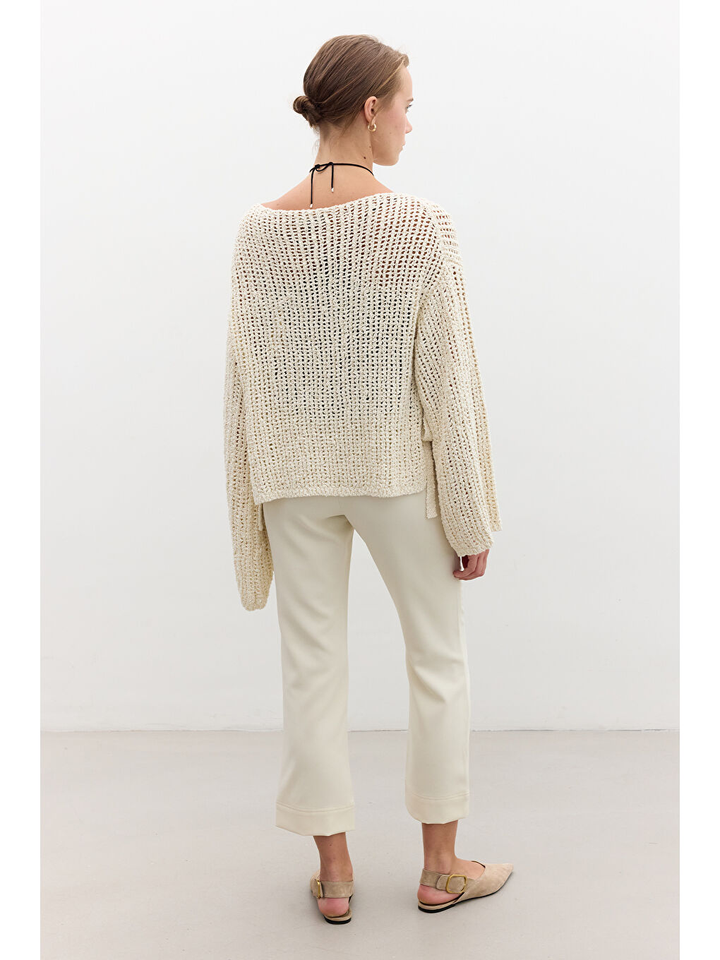 Bej File Örgülü Triko Kazak Vanilya-5