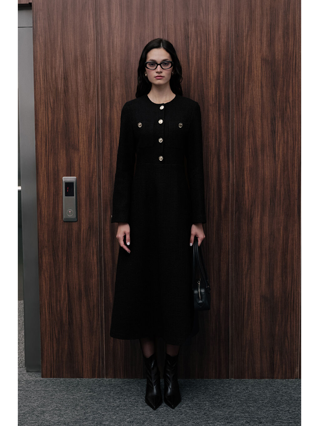 Dokulu Düğmeli Elbise Siyah