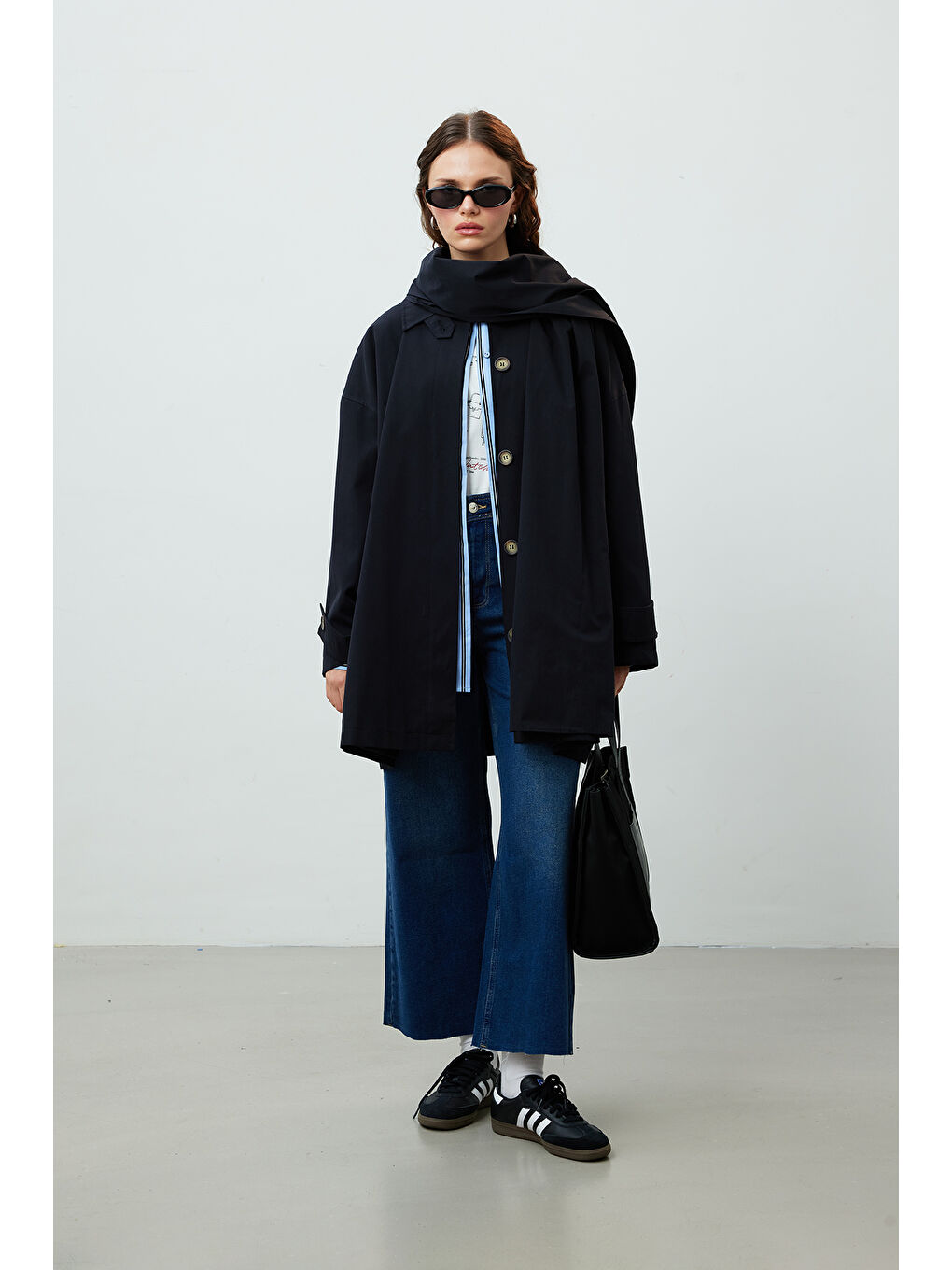 Stokholm Şal Detaylı Oversize Trençkot Siyah-4