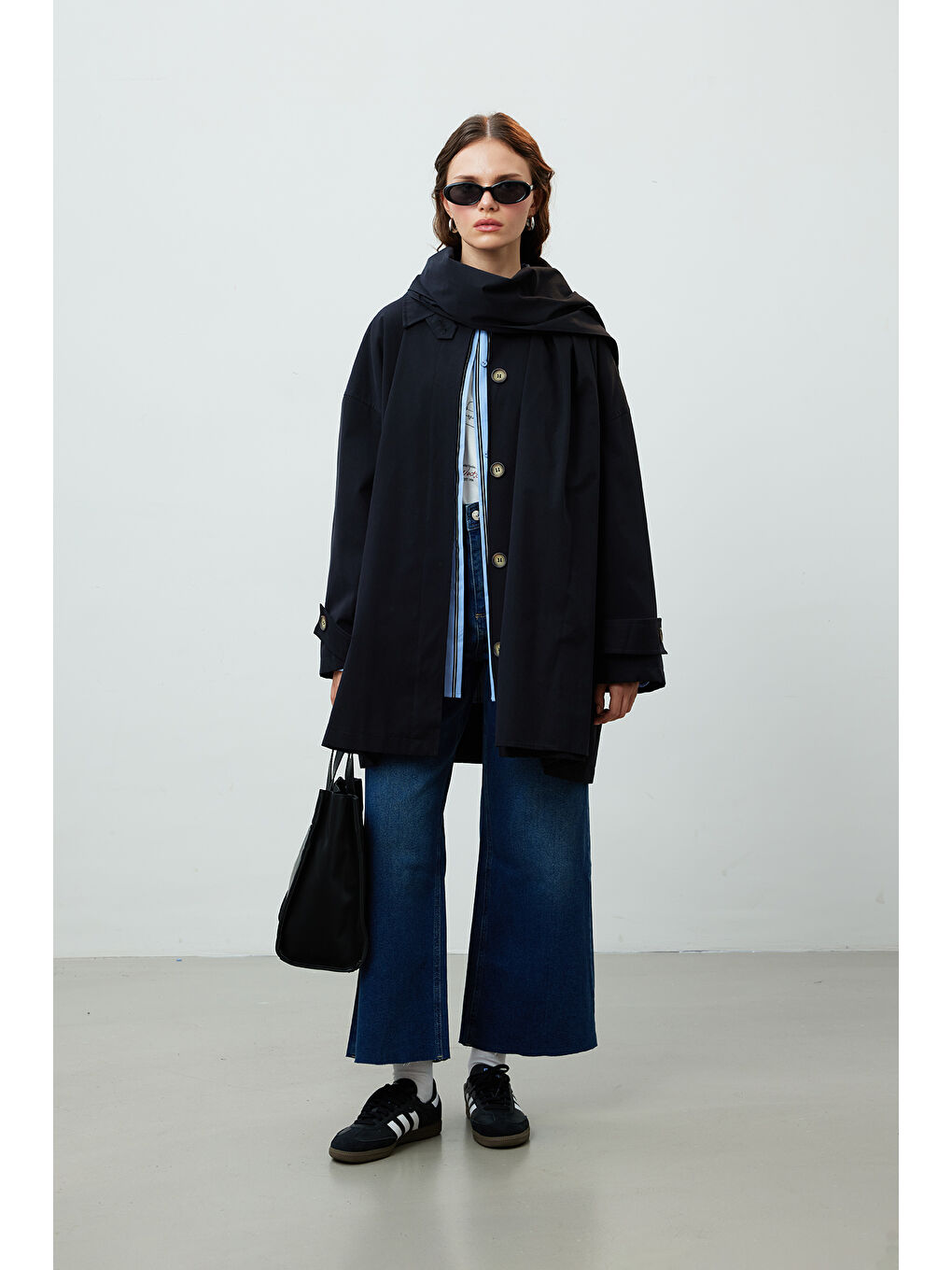 Stokholm Şal Detaylı Oversize Trençkot Siyah-5