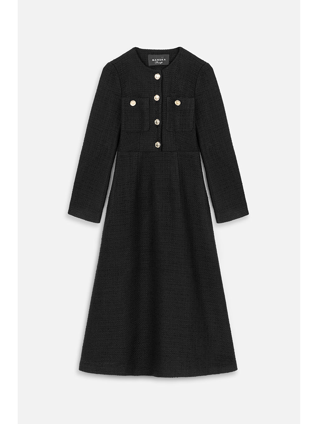 Dokulu Düğmeli Elbise Siyah-1