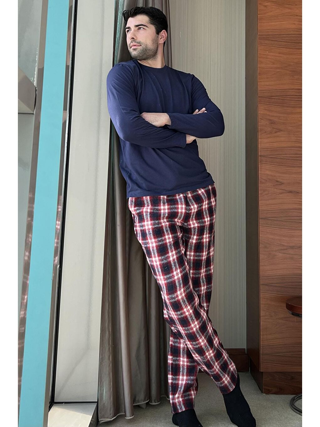 For You Homewear Lacivert 2'li Ekose Flanel Lacivert Pijama Takımı