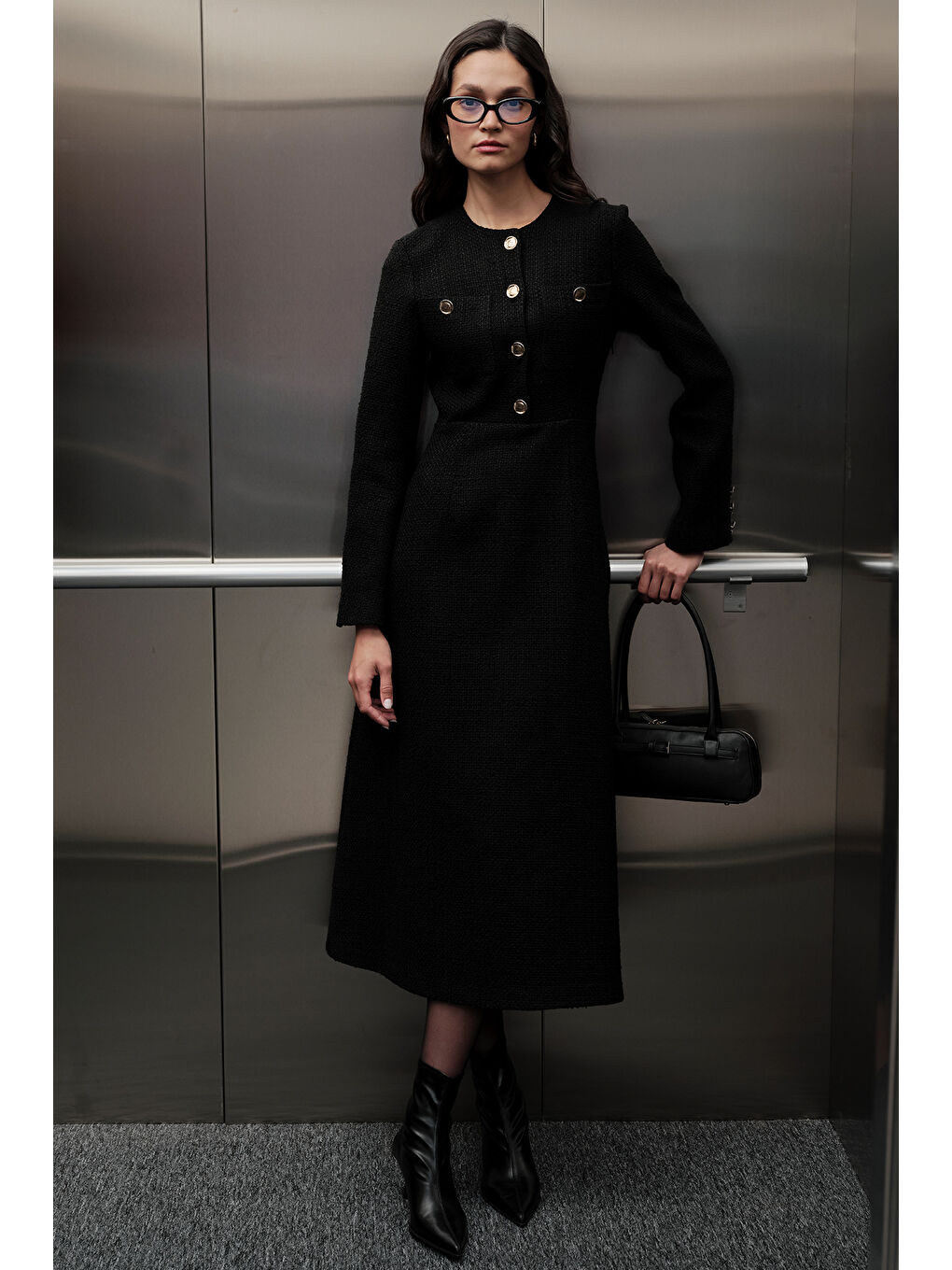 Dokulu Düğmeli Elbise Siyah-2