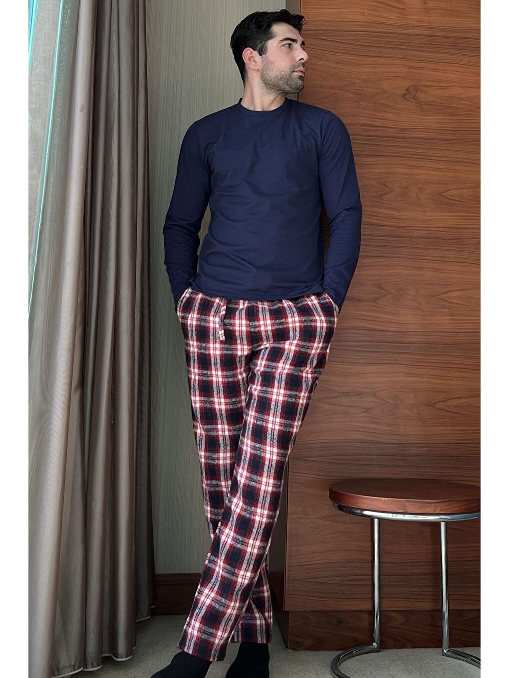 For You Homewear Lacivert 2'li Ekose Flanel Lacivert Pijama Takımı - 2