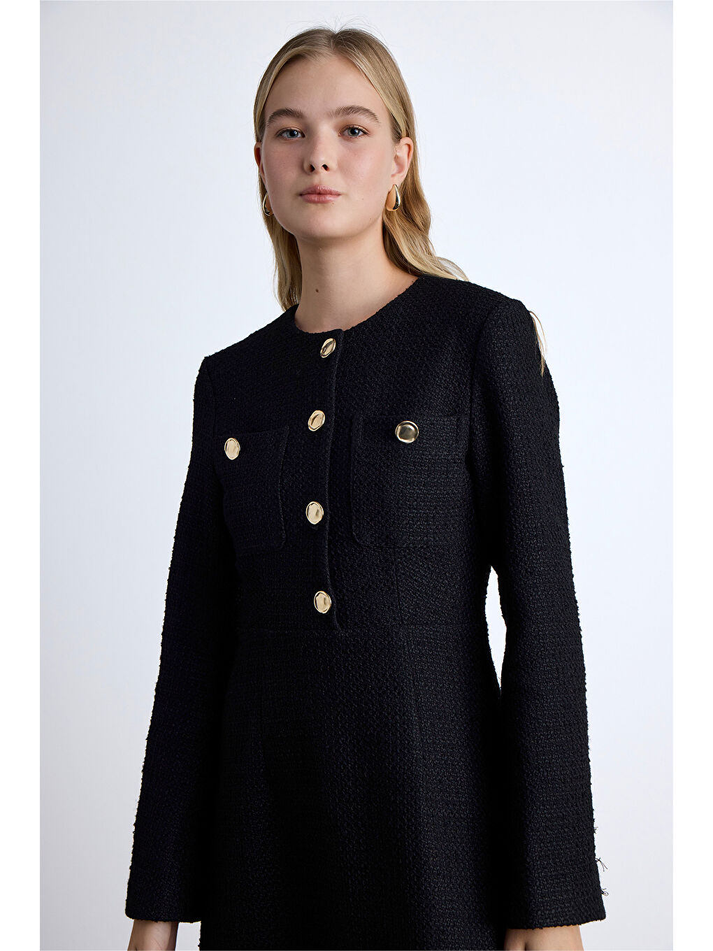 Dokulu Düğmeli Elbise Siyah-3