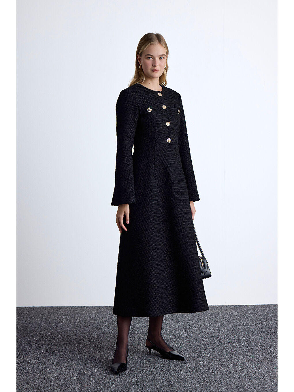 Dokulu Düğmeli Elbise Siyah-4