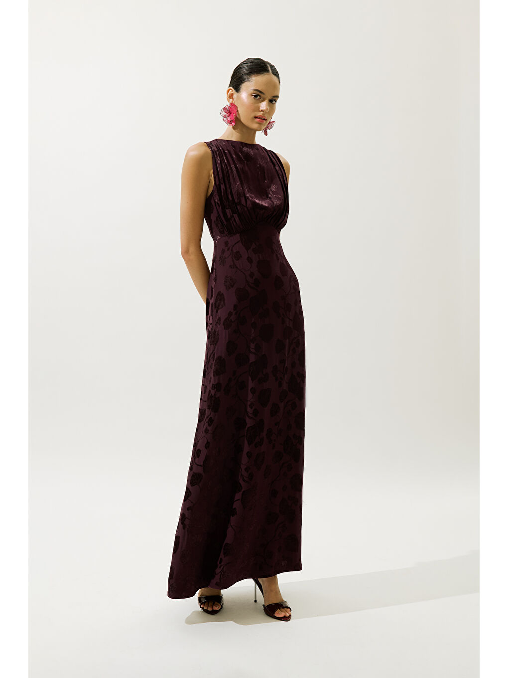 Saten Askılı Abiye Elbise Bordo-2