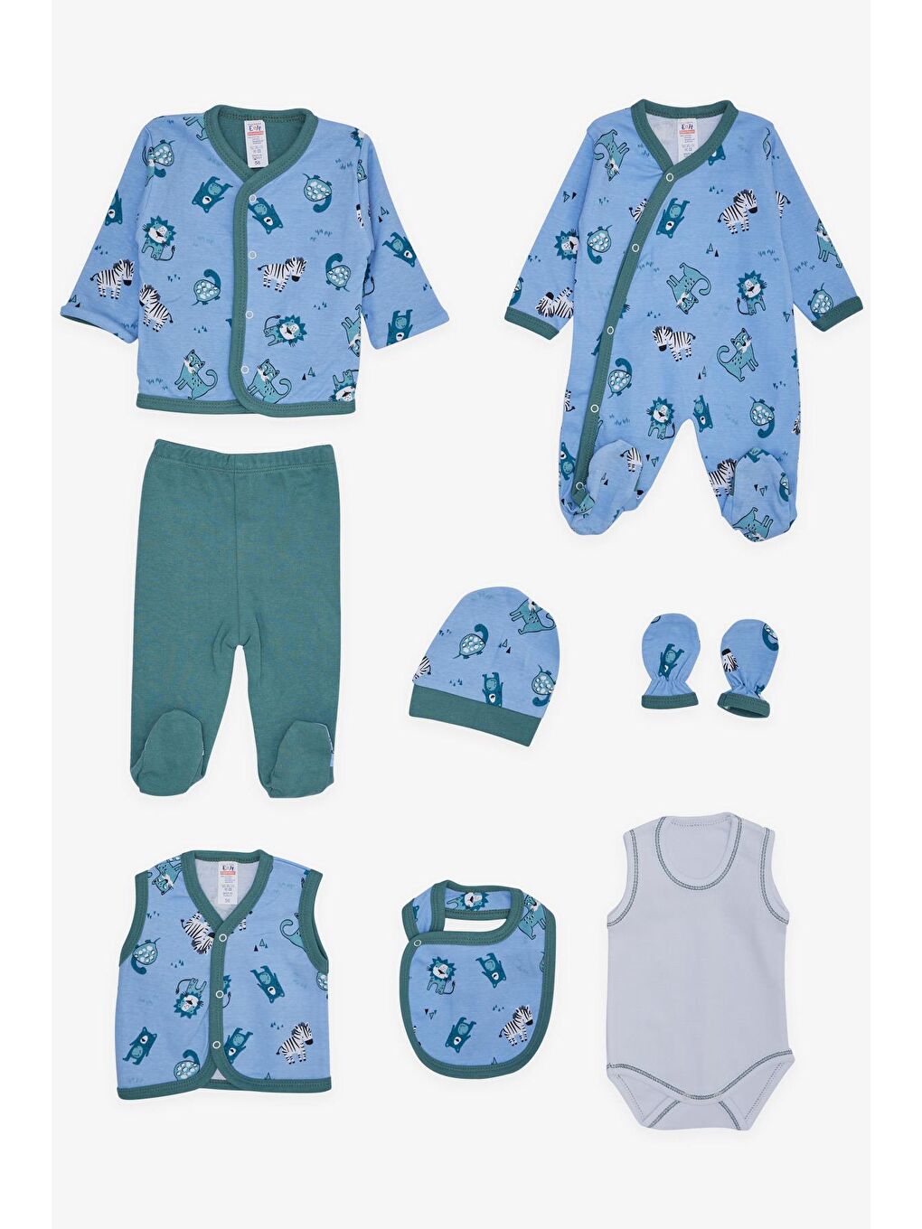 Erkek Bebek Hastane Çıkışı 8 li Sevimli Hayvancıklar Desenli Mavi (0-3 Ay)