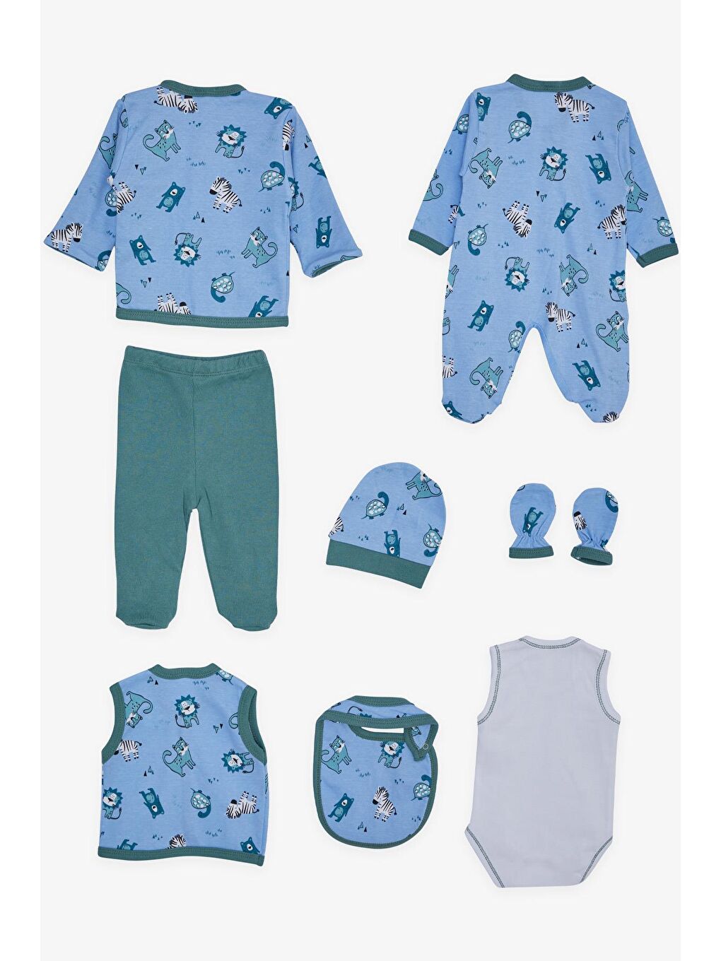 Erkek Bebek Hastane Çıkışı 8 li Sevimli Hayvancıklar Desenli Mavi (0-3 Ay)-1