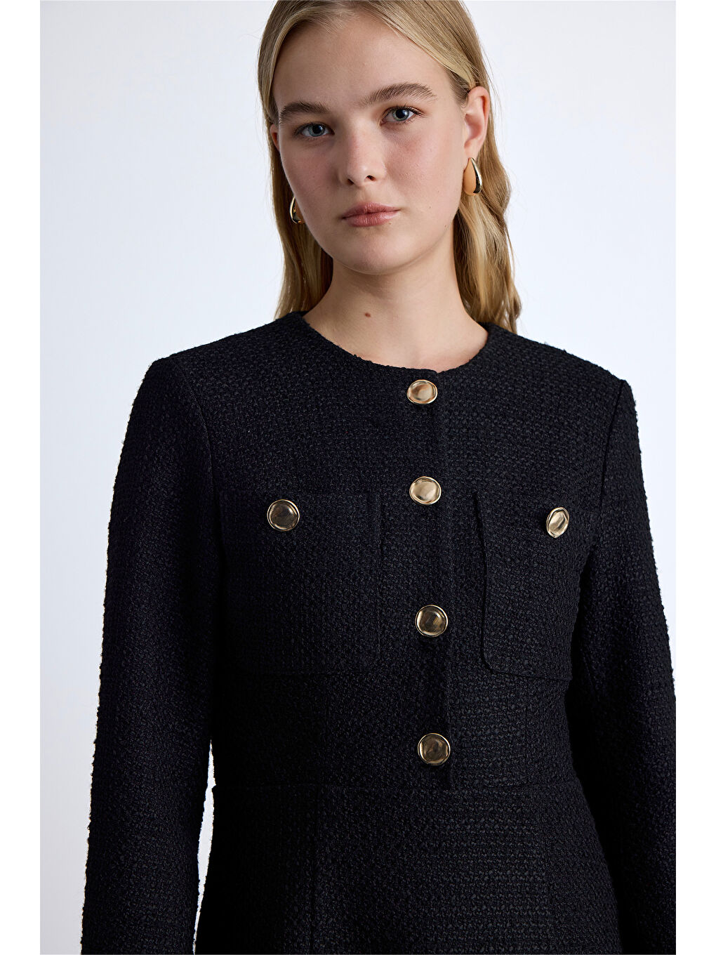 Dokulu Düğmeli Elbise Siyah-5