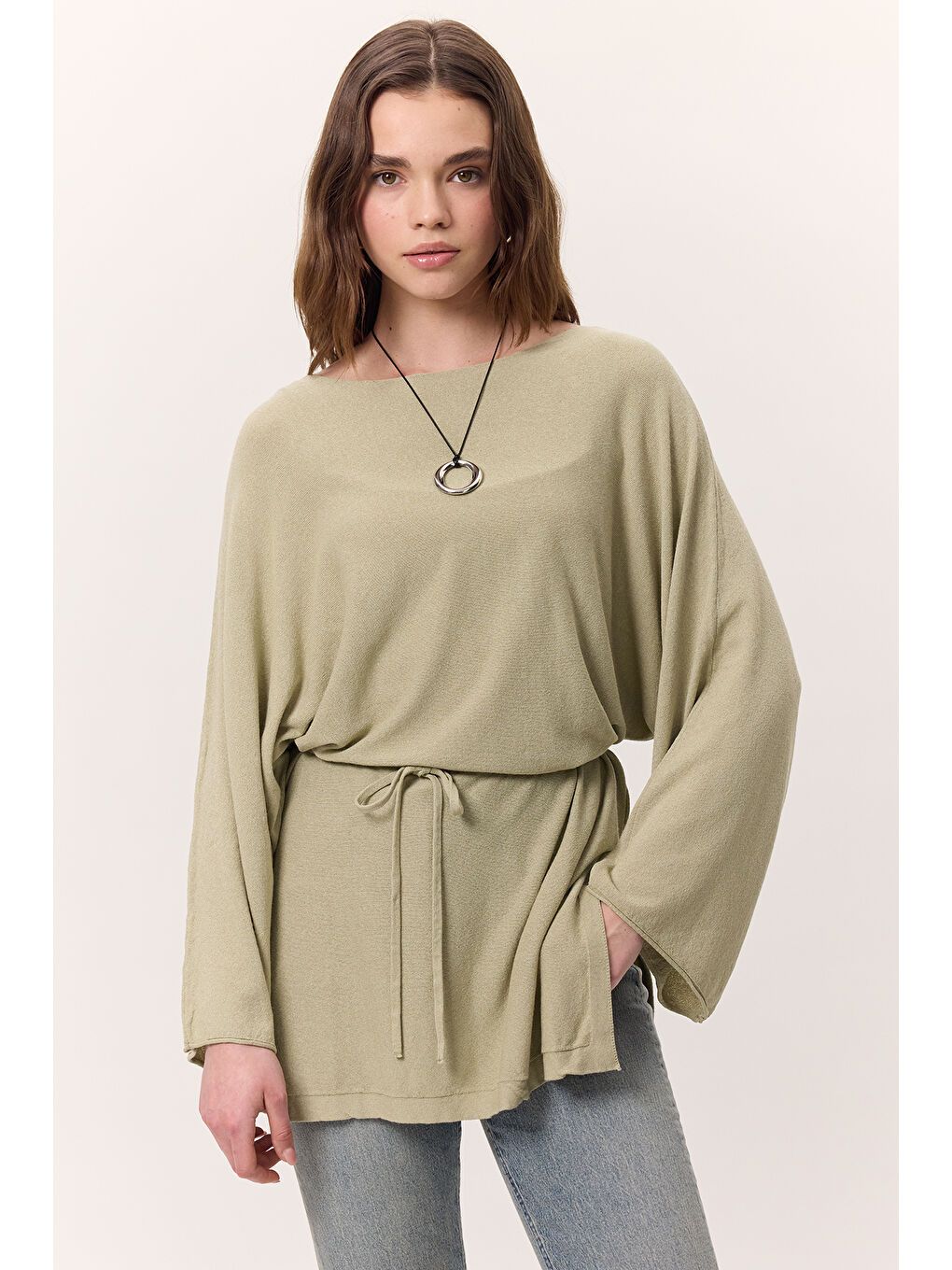 Triko Kuşaklı Tunik Çağla Yeşili-2