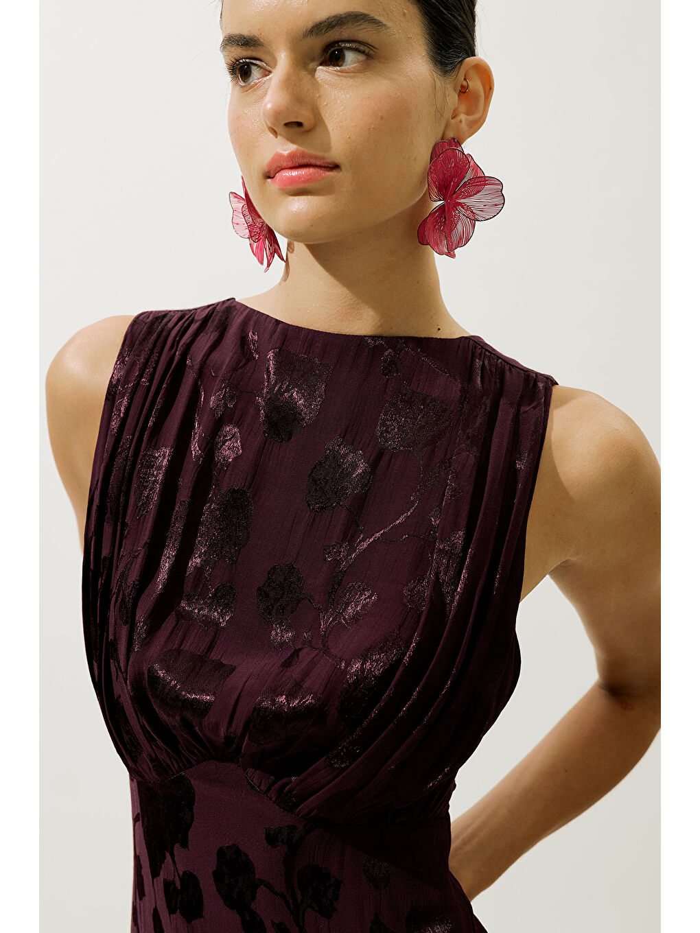 Saten Askılı Abiye Elbise Bordo-5