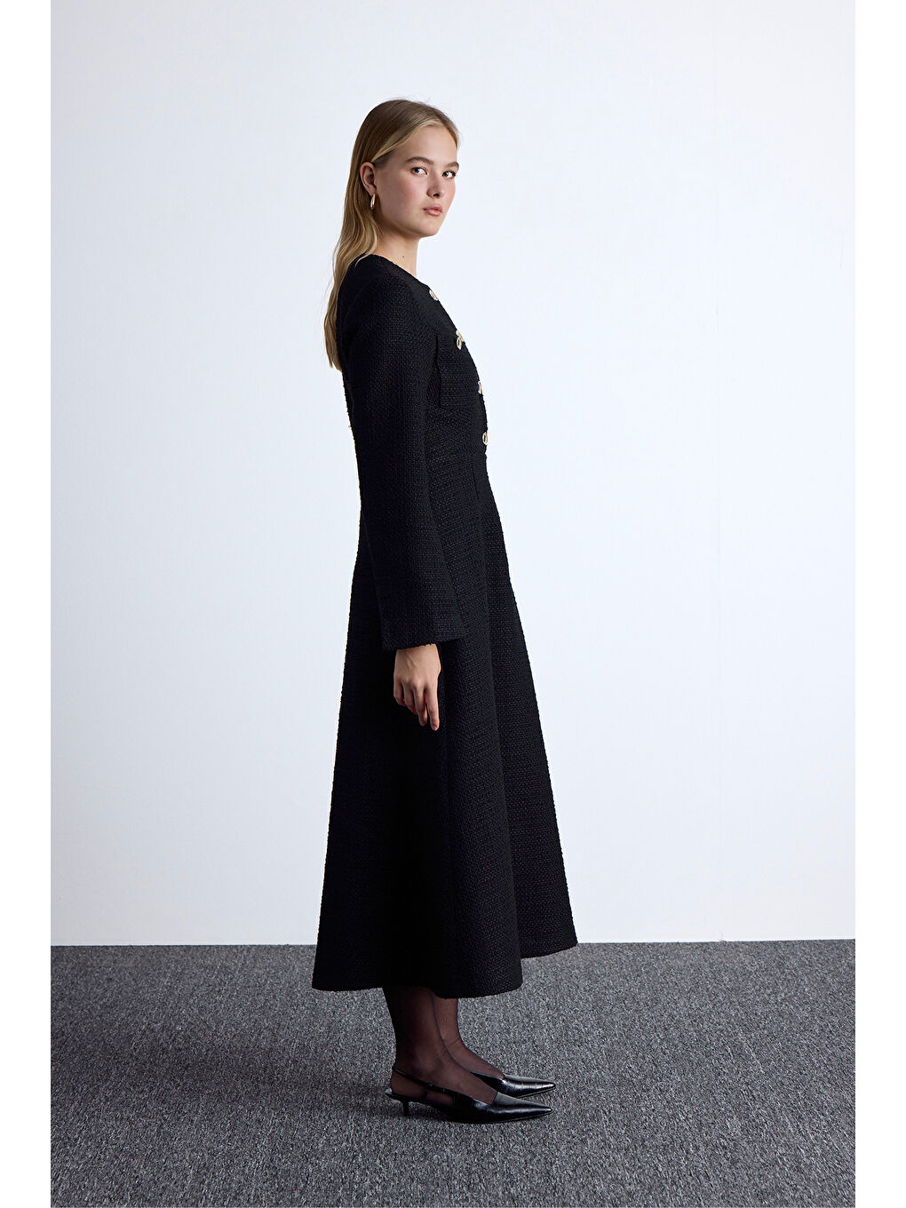 Dokulu Düğmeli Elbise Siyah-6