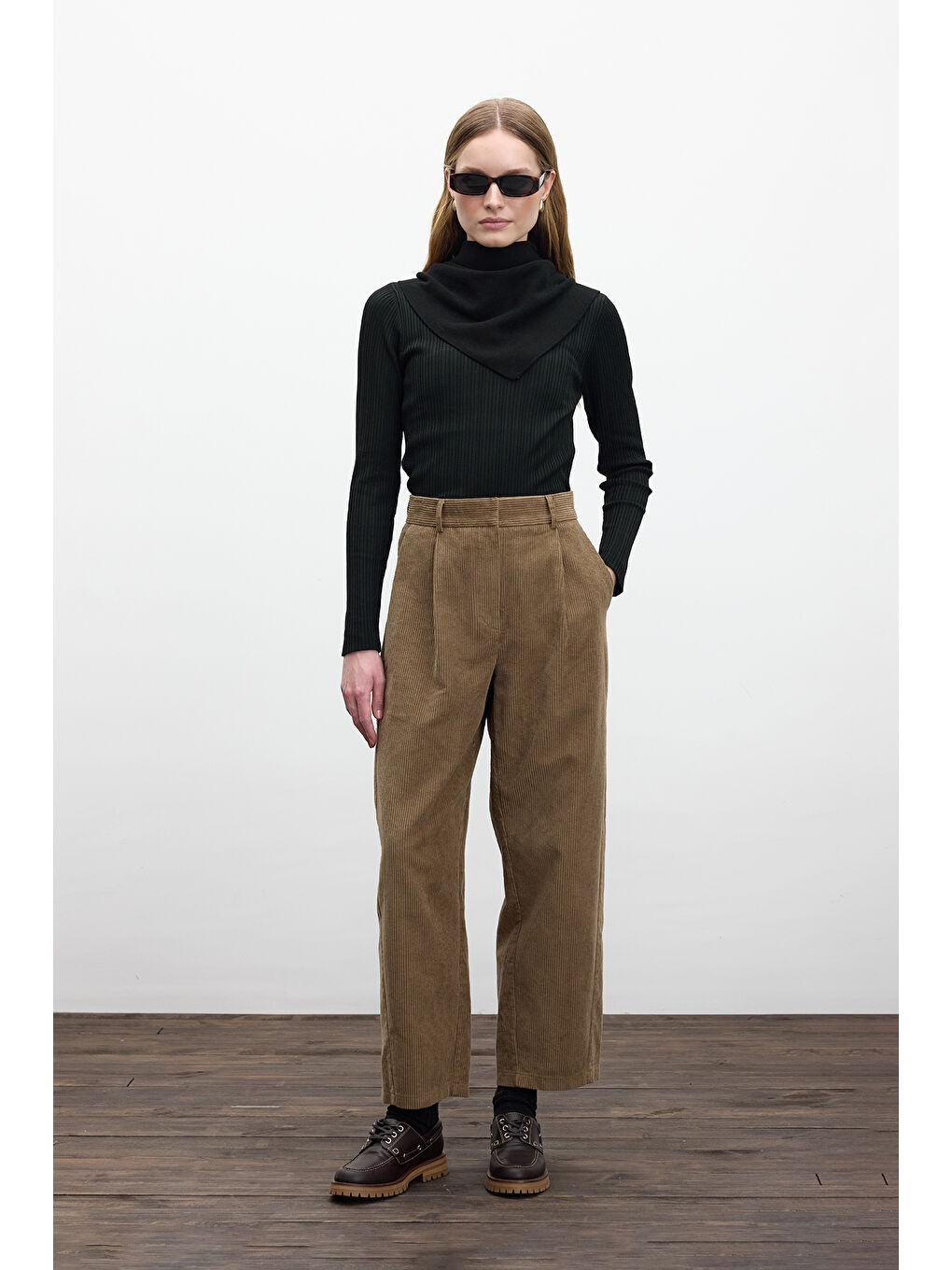 Kahverengi Fitilli Kadife Baggy Pantolon Camel