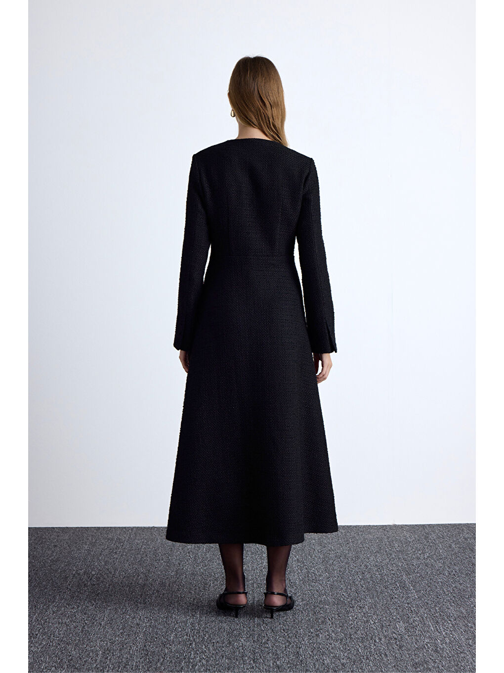 Dokulu Düğmeli Elbise Siyah-7