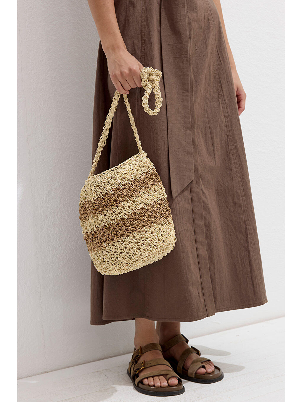 Çizgili Hasır Mini Çanta Bej-2