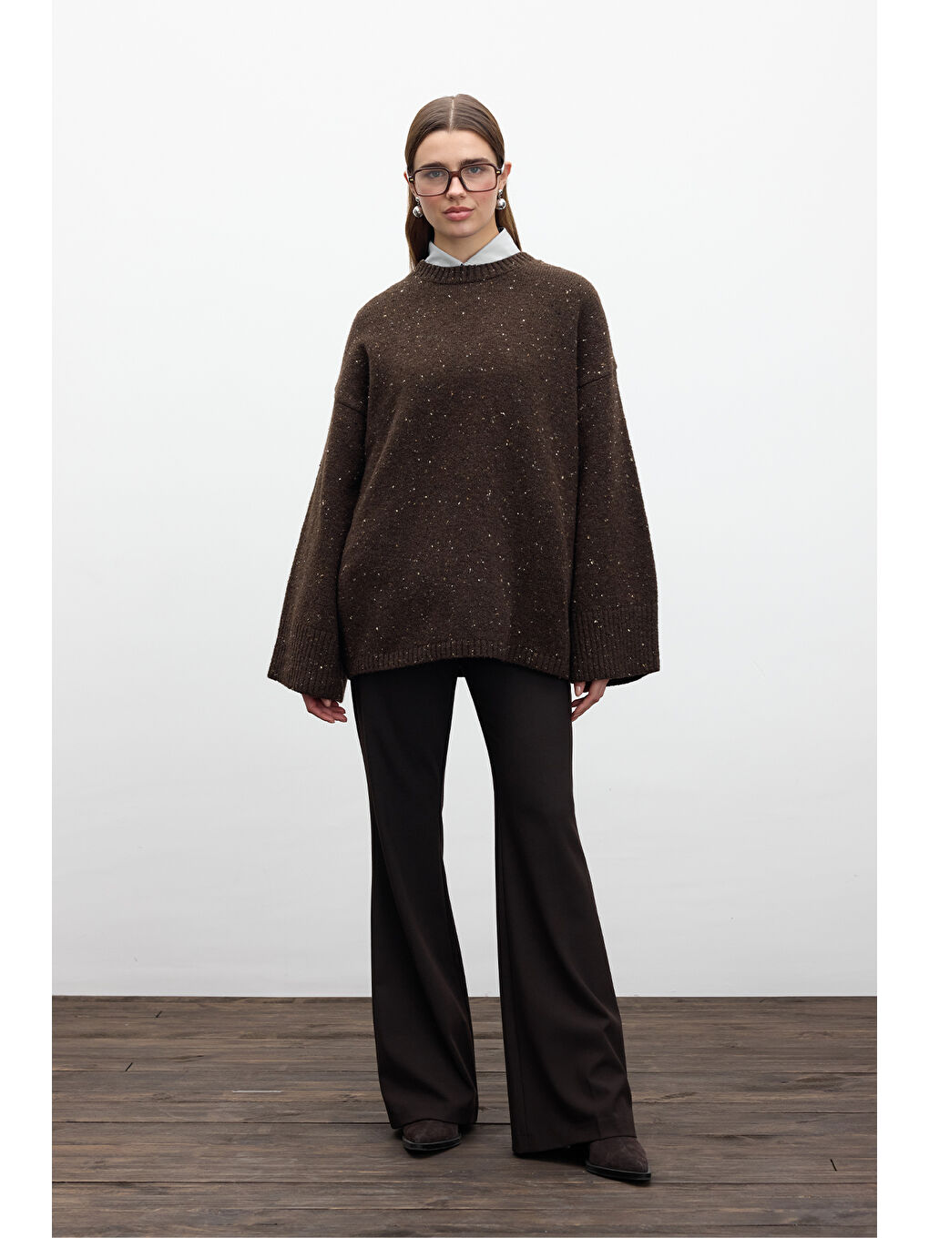 Geniş Kol Triko Kazak Kahverengi-1