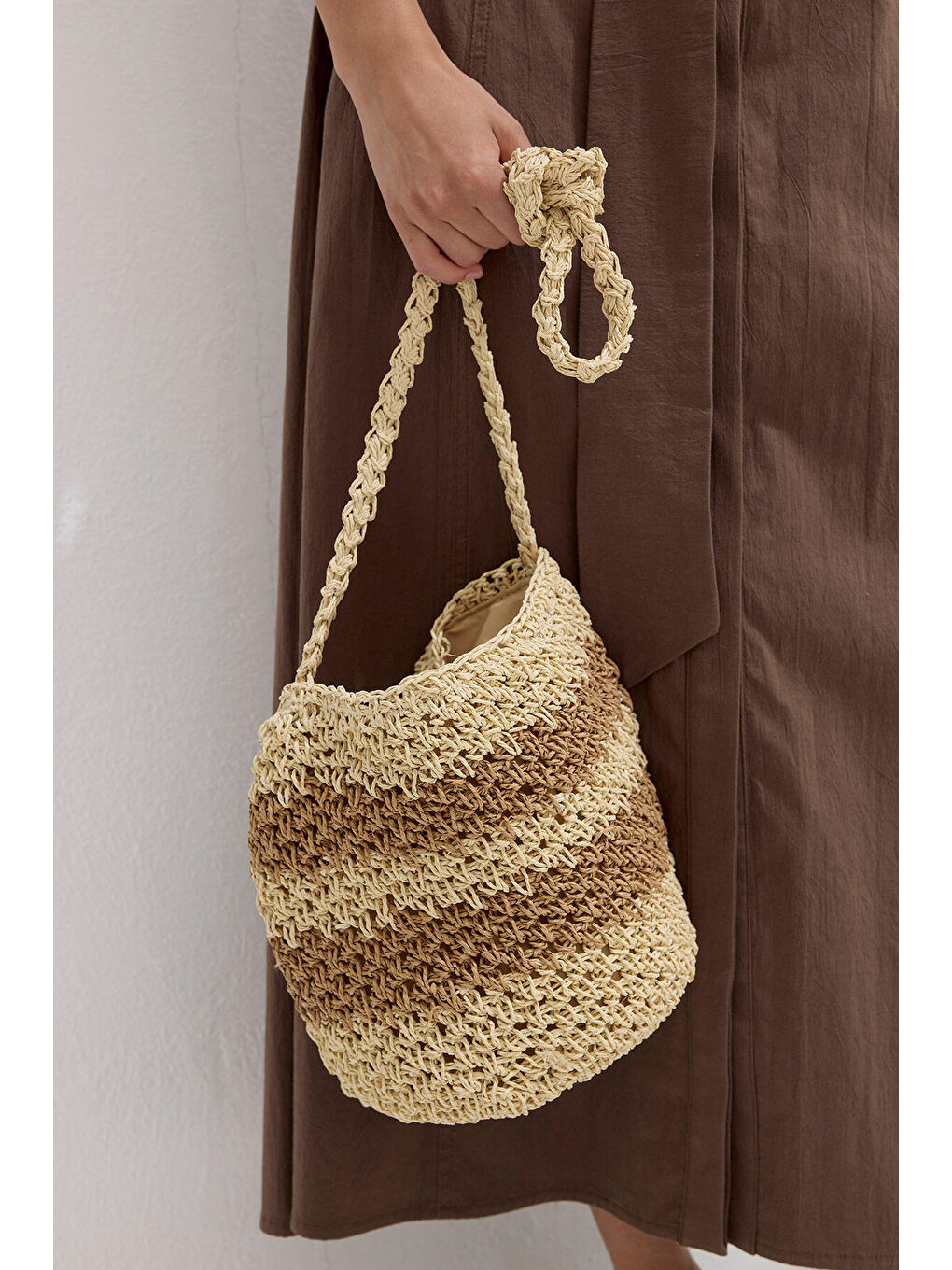 Çizgili Hasır Mini Çanta Bej-3