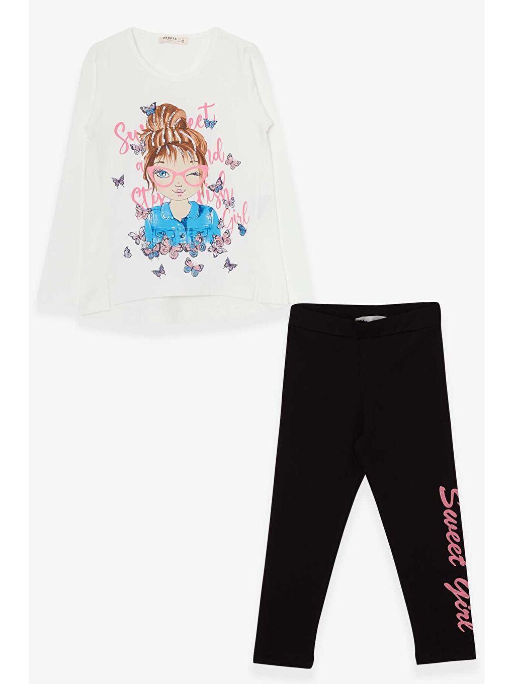 Kız Çocuk Tatylı Takım Kelebekli Kız Baskılı Ekru (5-10 Yaş)