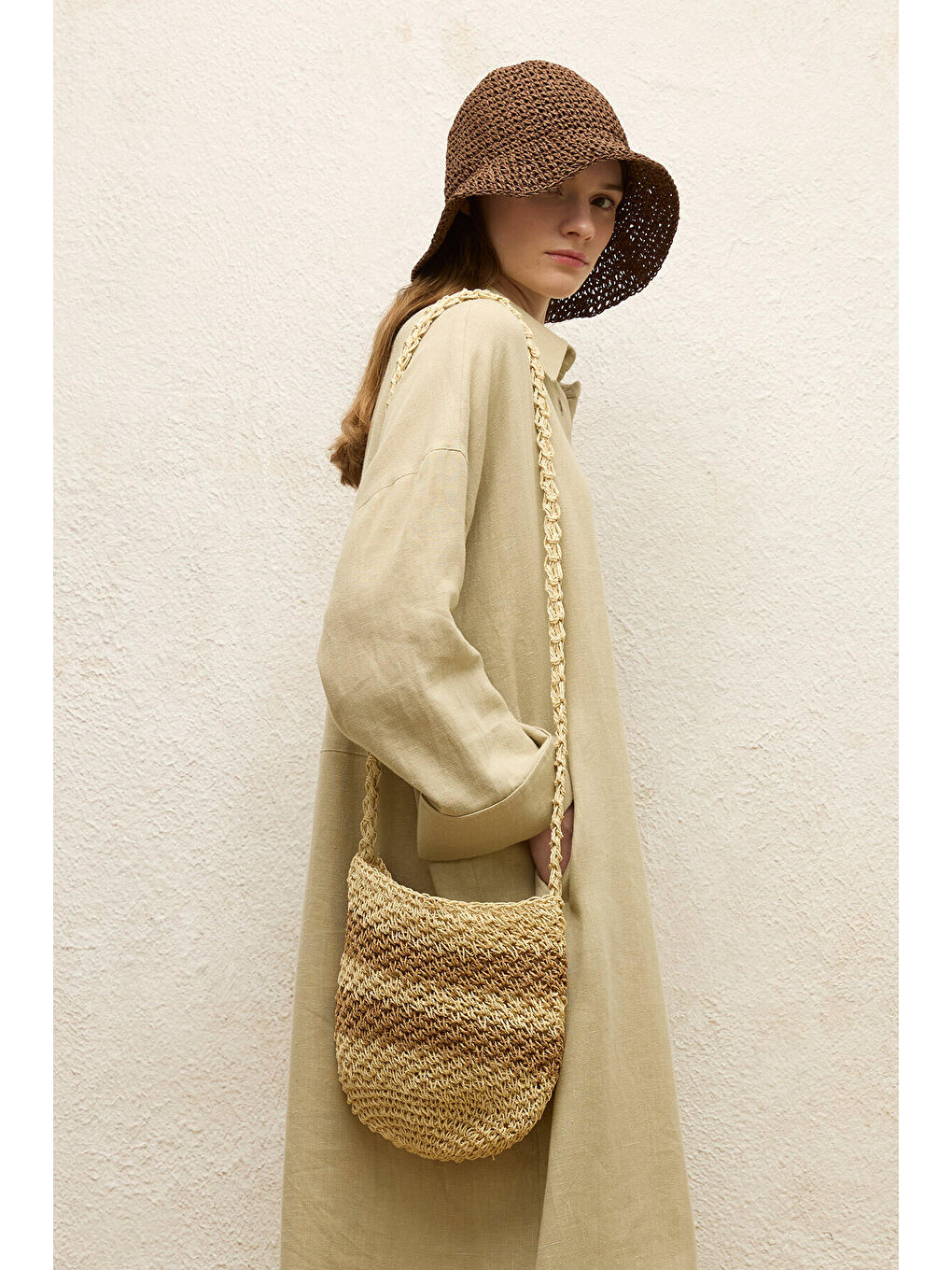 Çizgili Hasır Mini Çanta Bej-4